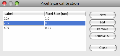 Pixel Size Calibration Editor